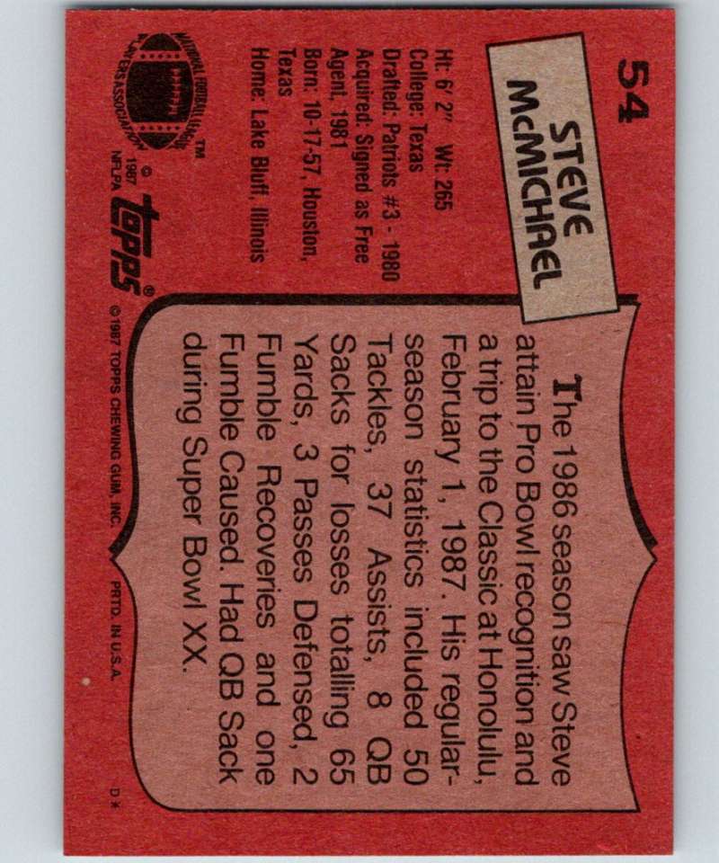 1987 Topps #54 Steve McMichael Bears NFL Football Image 2