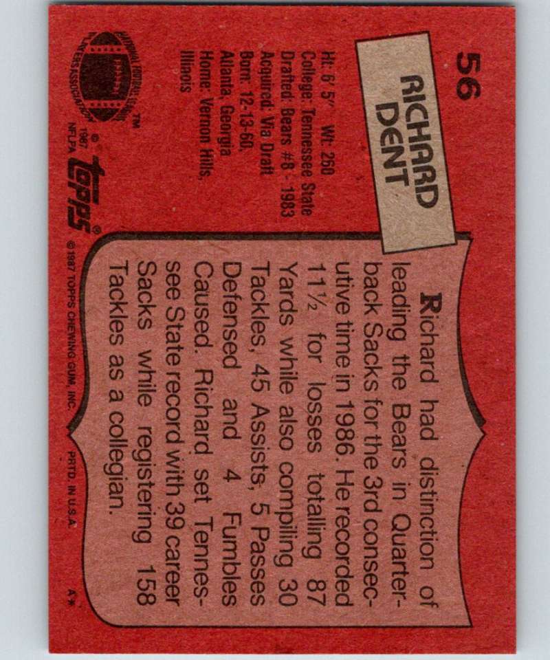 1987 Topps #56 Richard Dent Bears NFL Football Image 2