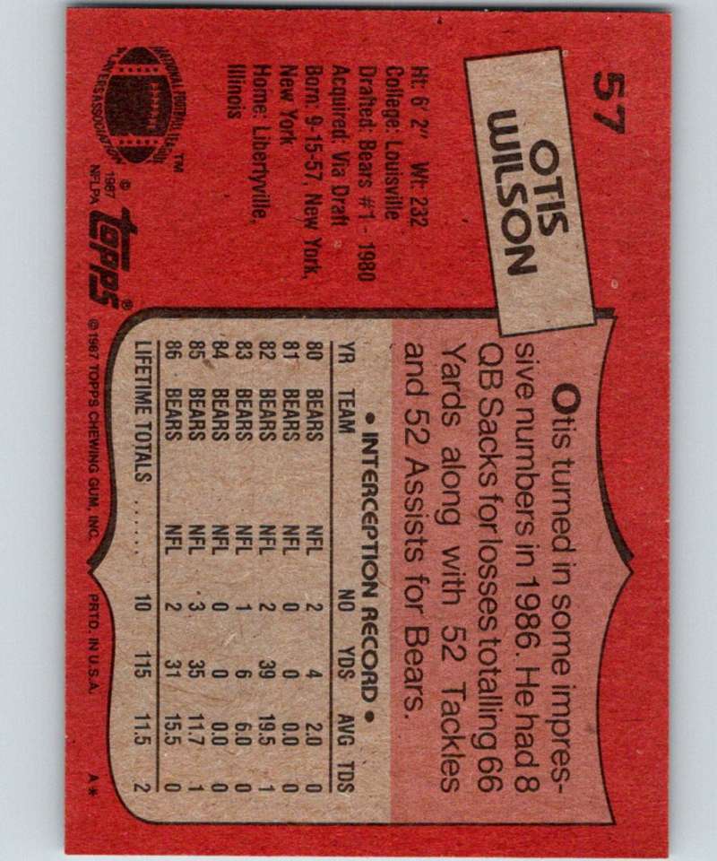 1987 Topps #57 Otis Wilson Bears NFL Football Image 2