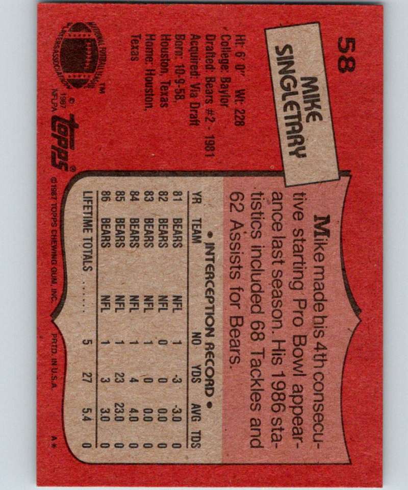 1987 Topps #58 Mike Singletary Bears NFL Football