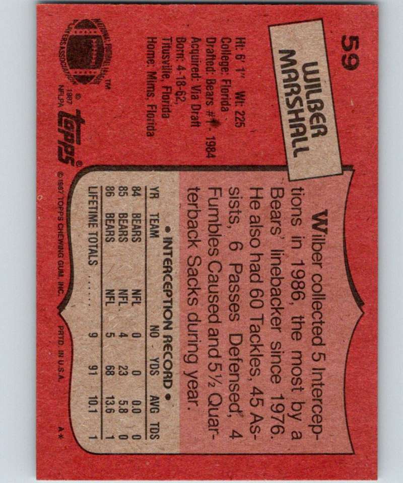 1987 Topps #59 Wilber Marshall Bears NFL Football