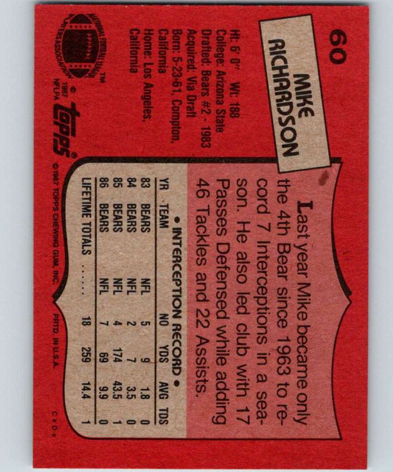 1987 Topps #60 Mike Richardson Bears NFL Football