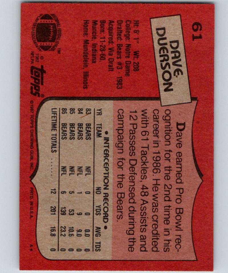 1987 Topps #61 Dave Duerson Bears NFL Football Image 2