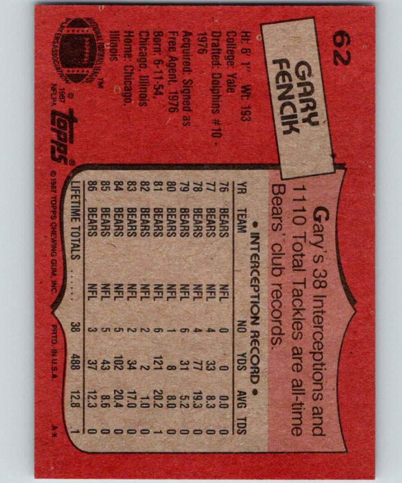 1987 Topps #62 Gary Fencik Bears NFL Football Image 2