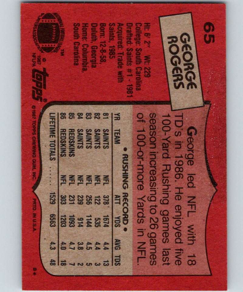 1987 Topps #65 George Rogers Redskins NFL Football