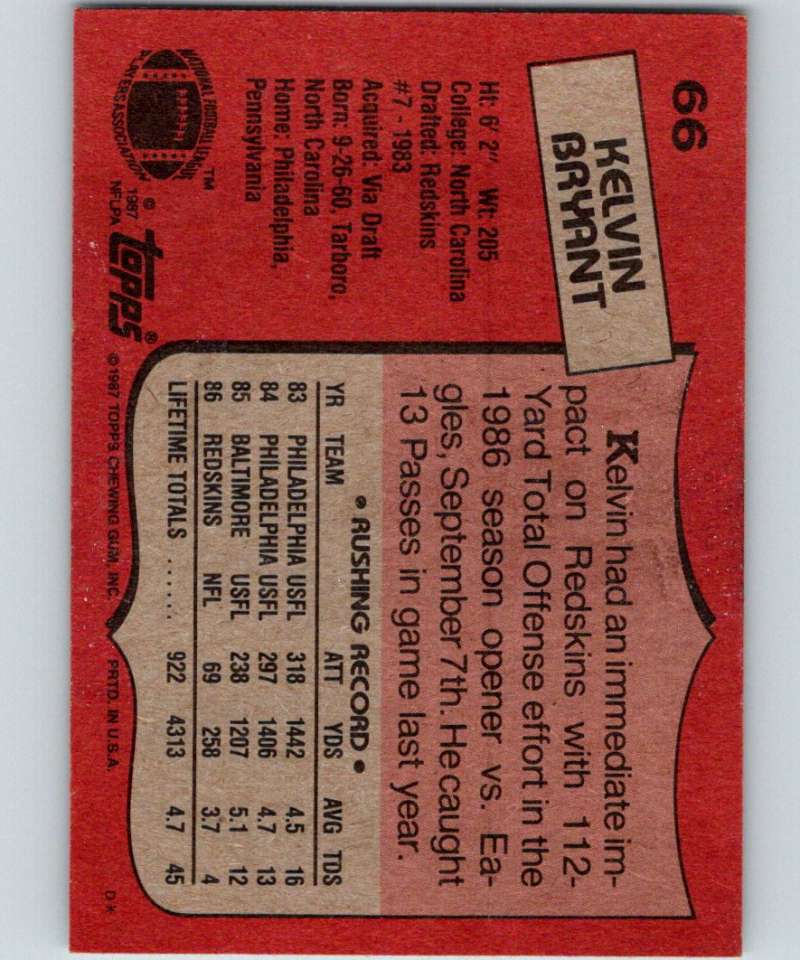 1987 Topps #66 Kelvin Bryant RC Rookie Redskins NFL Football