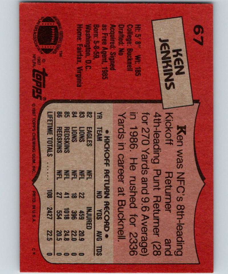 1987 Topps #67 Ken Jenkins Redskins NFL Football