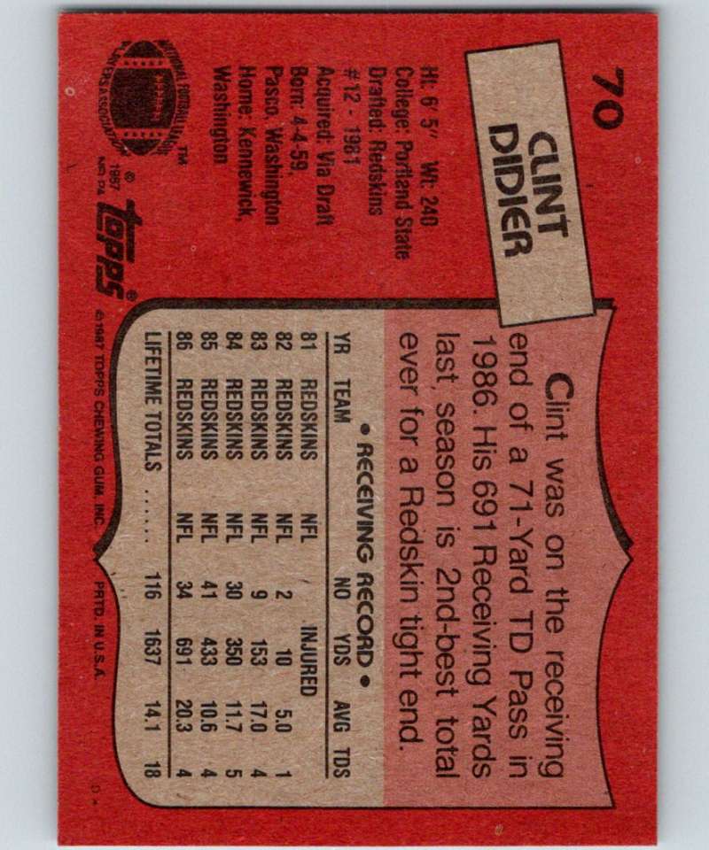 1987 Topps #70 Clint Didier RC Rookie Redskins NFL Football