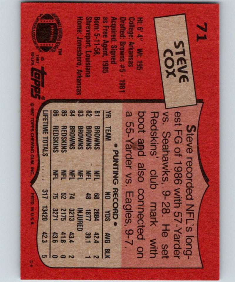 1987 Topps #71 Steve Cox Redskins NFL Football