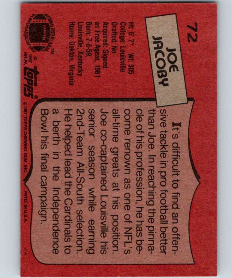 1987 Topps #72 Joe Jacoby Redskins NFL Football Image 2