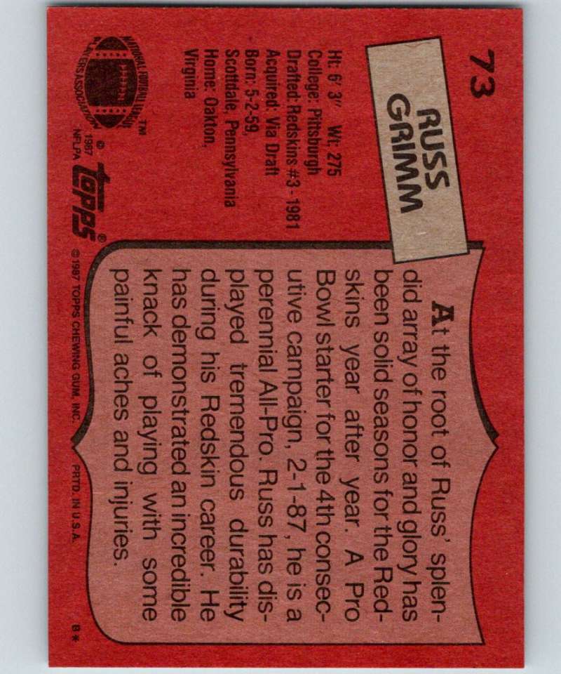 1987 Topps #73 Russ Grimm Redskins NFL Football