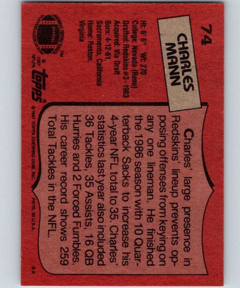 1987 Topps #74 Charles Mann Redskins NFL Football Image 2