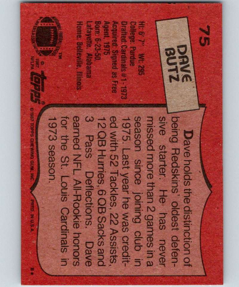 1987 Topps #75 Dave Butz Redskins NFL Football