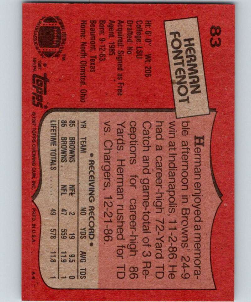 1987 Topps #83 Herman Fontenot Browns NFL Football Image 2