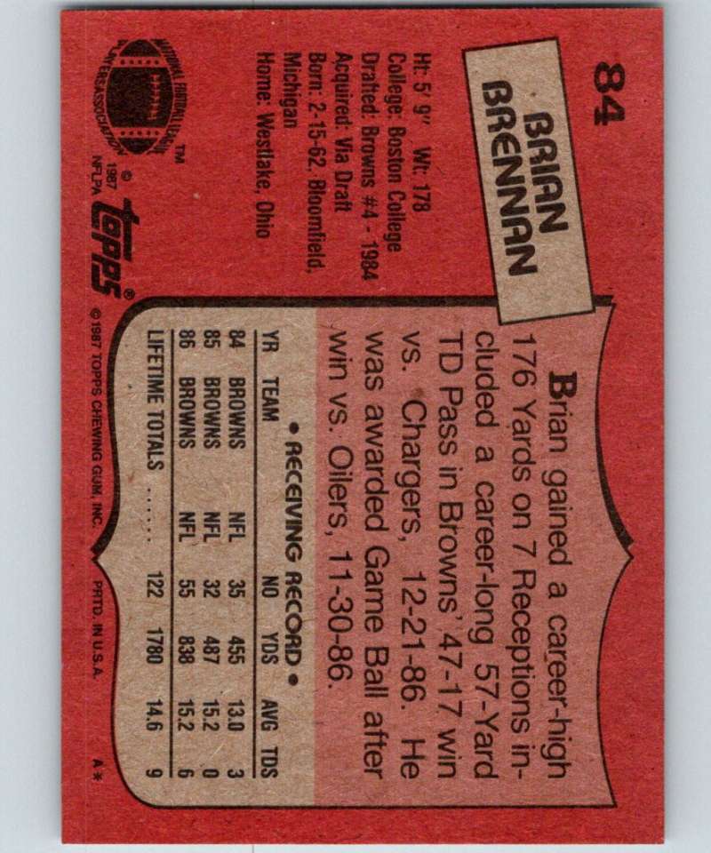 1987 Topps #84 Brian Brennan RC Rookie Browns NFL Football Image 2