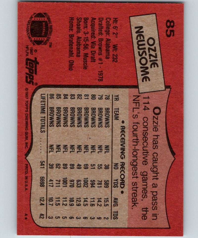 1987 Topps #85 Ozzie Newsome Browns NFL Football Image 2