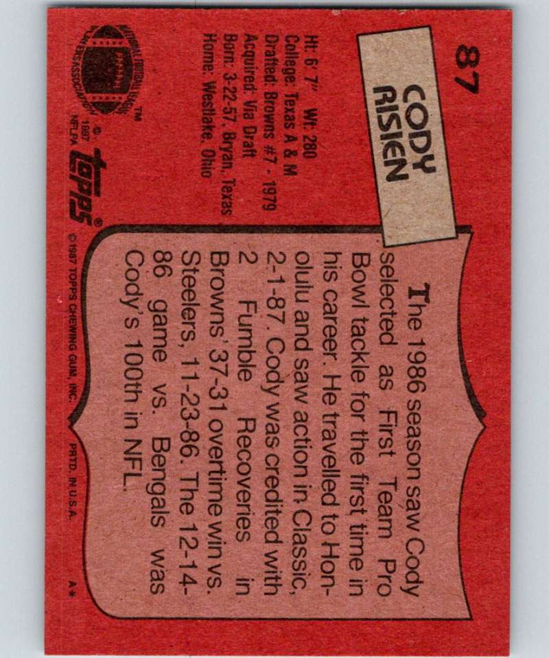 1987 Topps #87 Cody Risien Browns NFL Football Image 2