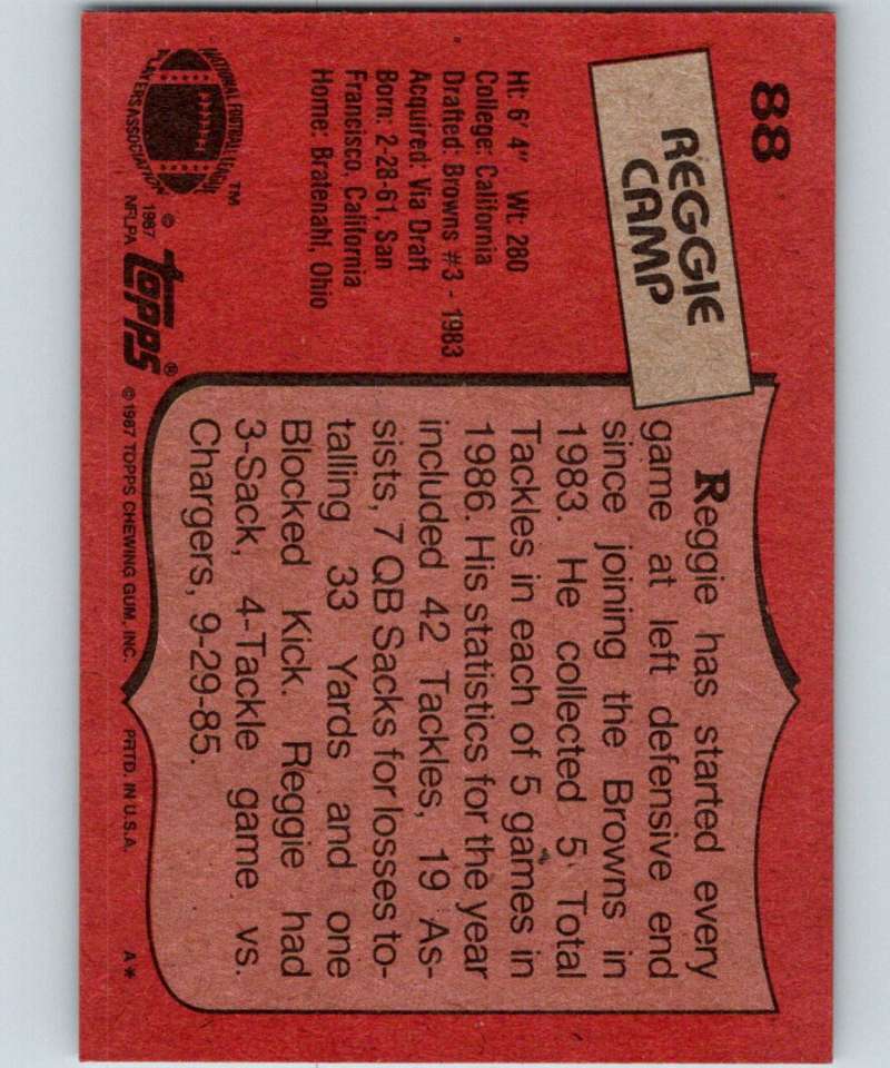 1987 Topps #88 Reggie Camp Browns NFL Football Image 2