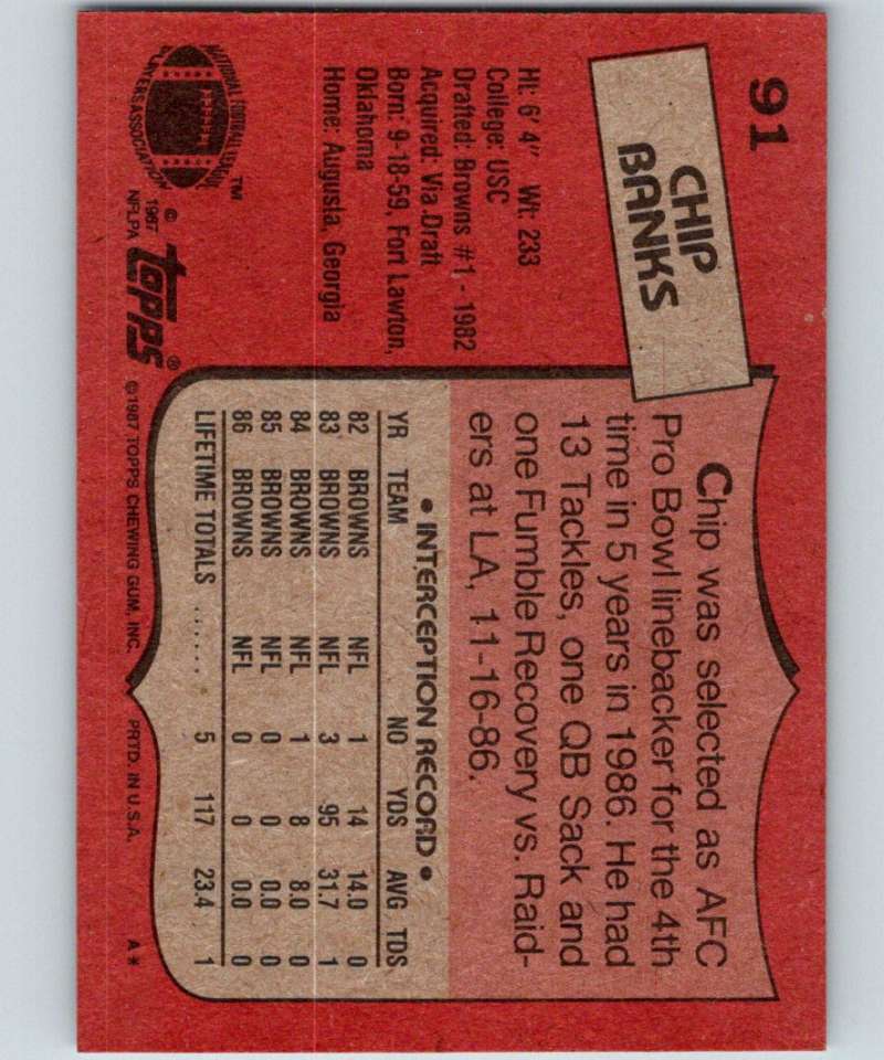 1987 Topps #91 Chip Banks Browns NFL Football Image 2