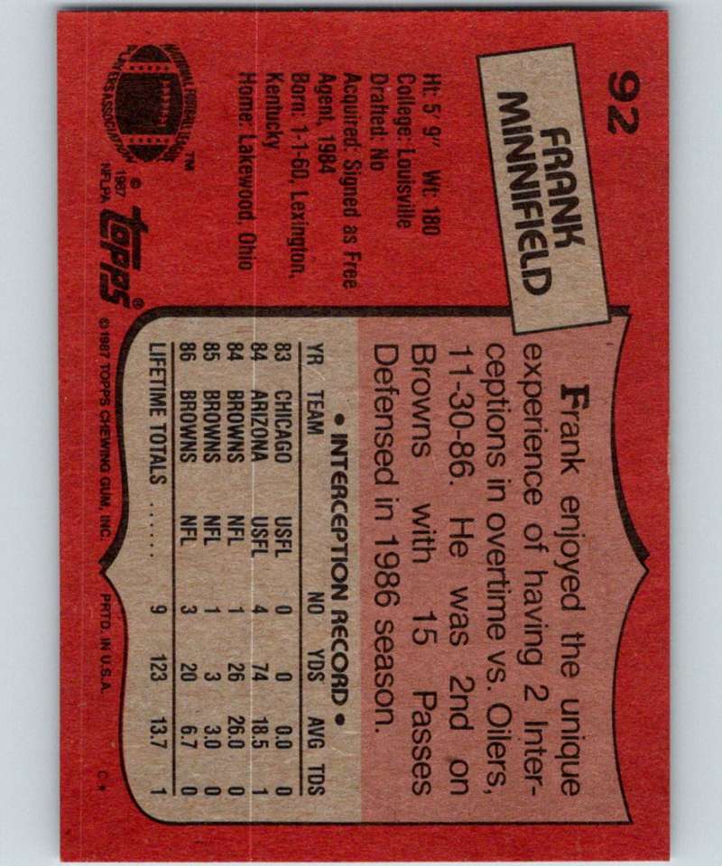 1987 Topps #92 Frank Minnifield Browns NFL Football