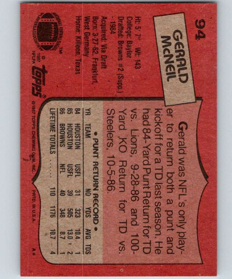 1987 Topps #94 Gerald McNeil RC Rookie Browns NFL Football Image 2