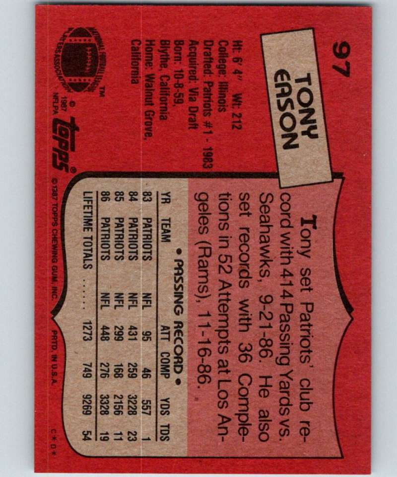 1987 Topps #97 Tony Eason Patriots NFL Football Image 2
