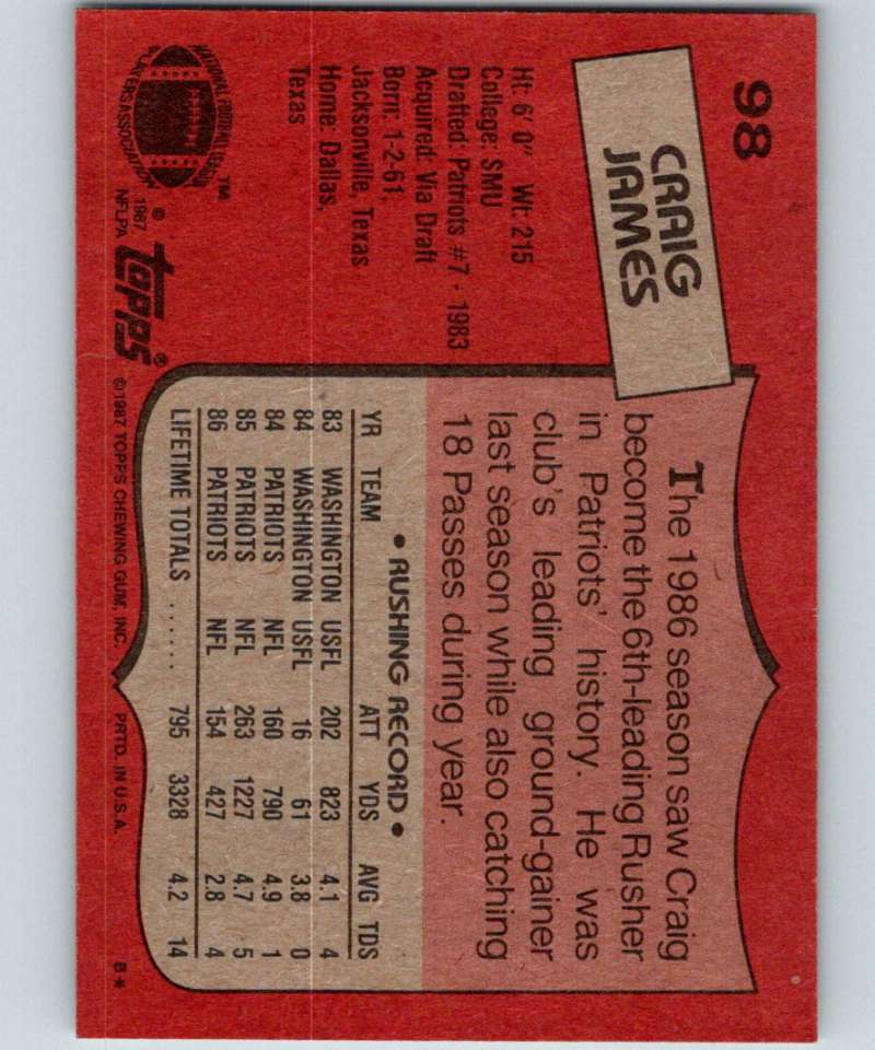 1987 Topps #98 Craig James Patriots NFL Football