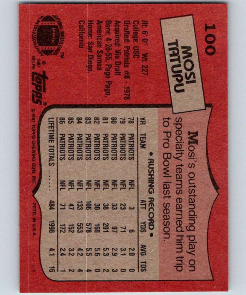 1987 Topps #100 Mosi Tatupu Patriots NFL Football Image 2