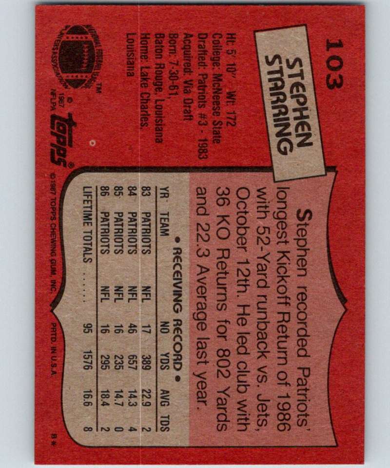 1987 Topps #103 Stephen Starring Patriots NFL Football Image 2
