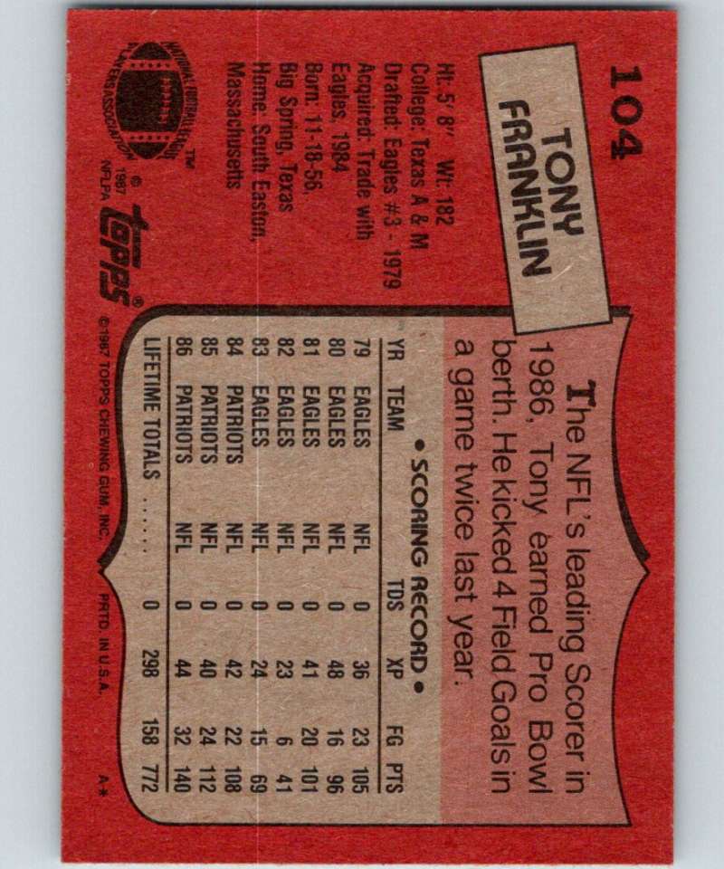 1987 Topps #104 Tony Franklin Patriots NFL Football Image 2