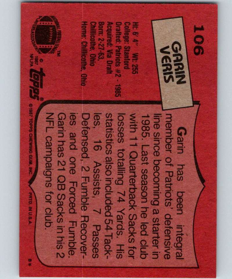 1987 Topps #106 Garin Veris Patriots NFL Football Image 2