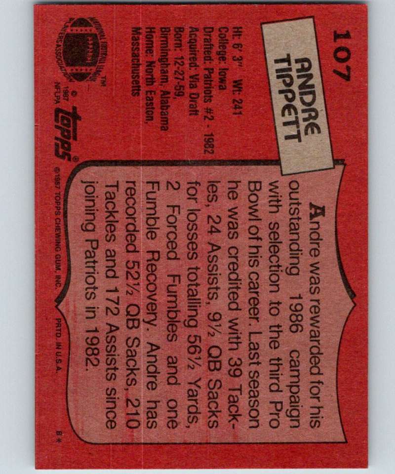 1987 Topps #107 Andre Tippett Patriots NFL Football Image 2