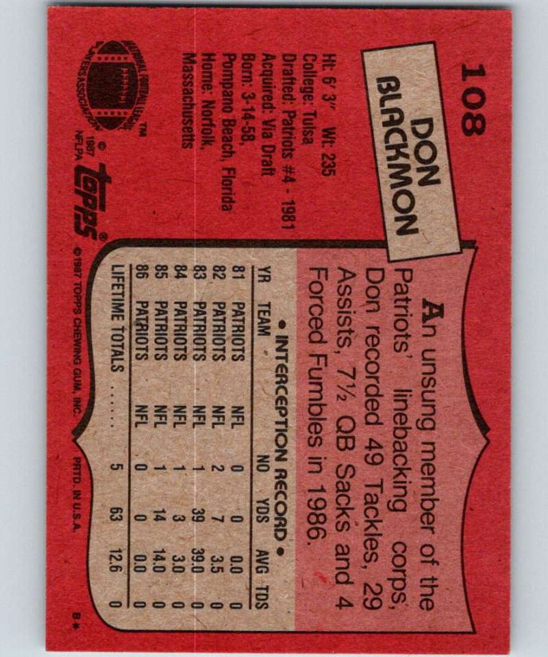 1987 Topps #108 Don Blackmon Patriots NFL Football