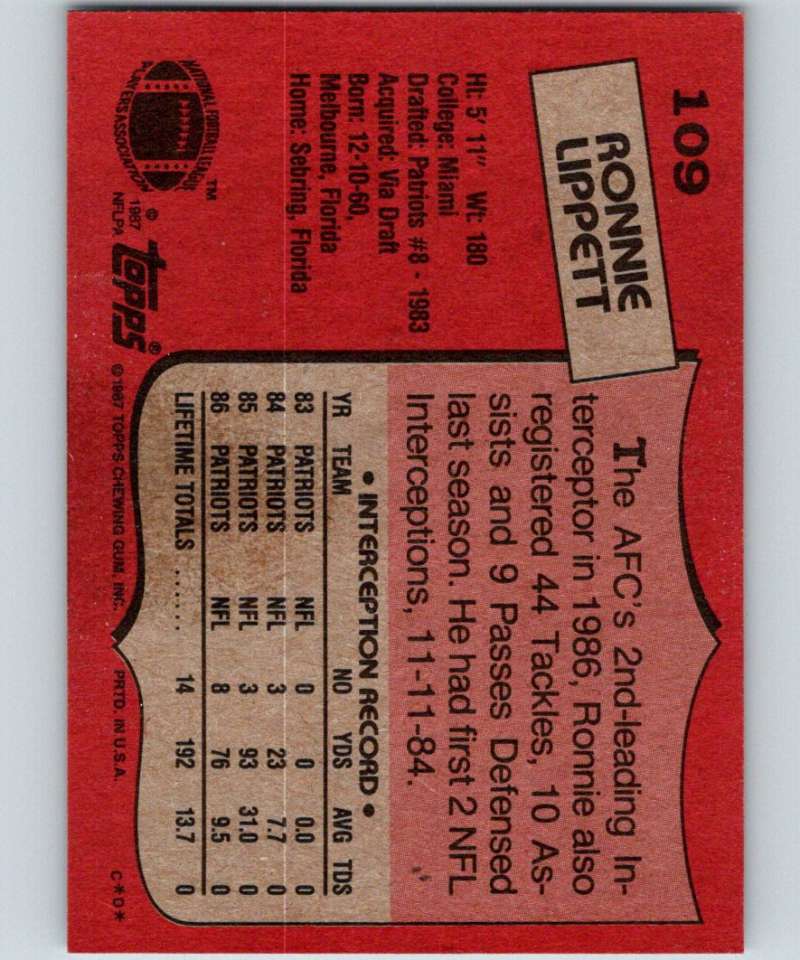 1987 Topps #109 Ronnie Lippett RC Rookie Patriots NFL Football Image 2