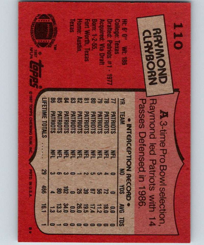 1987 Topps #110 Raymond Clayborn Patriots NFL Football Image 2