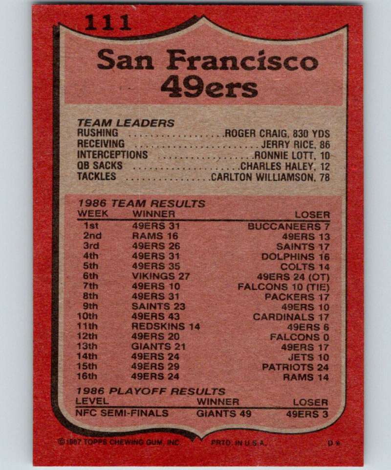 1987 Topps #111 Roger Craig 49ers TL NFL Football Image 2