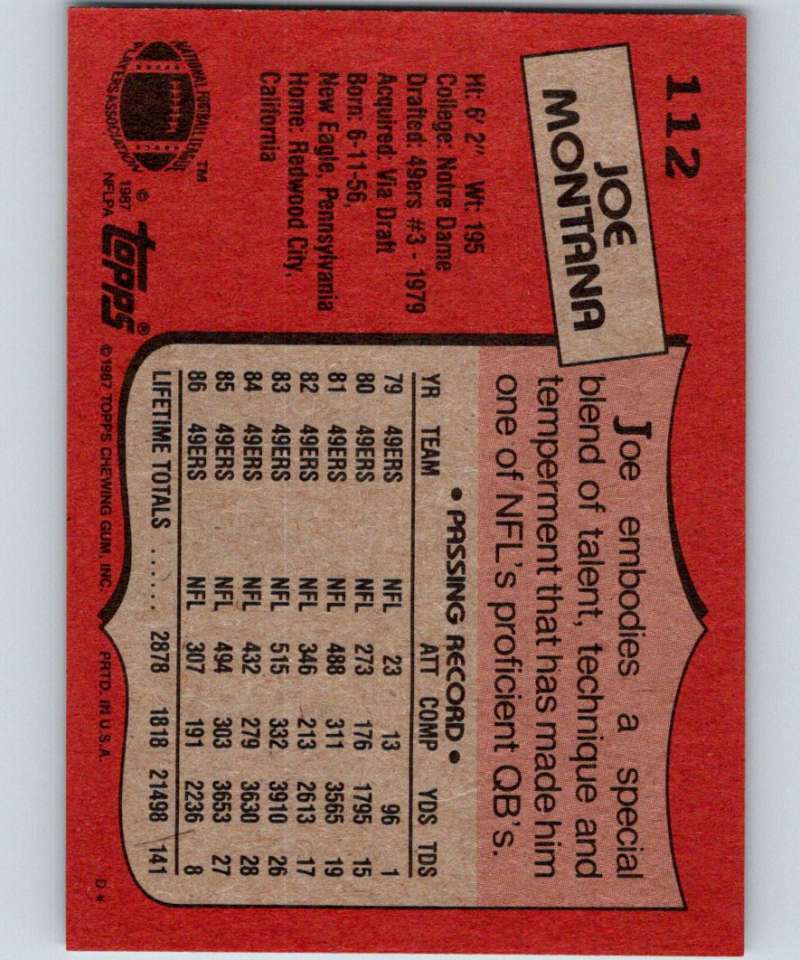 1987 Topps #112 Joe Montana 49ers NFL Football