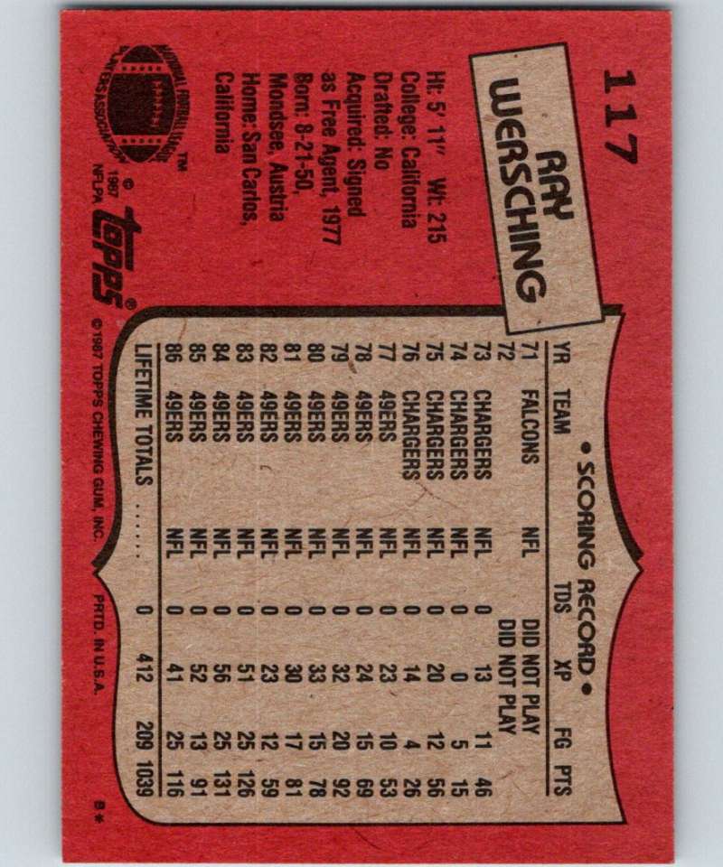 1987 Topps #117 Ray Wersching 49ers NFL Football Image 2