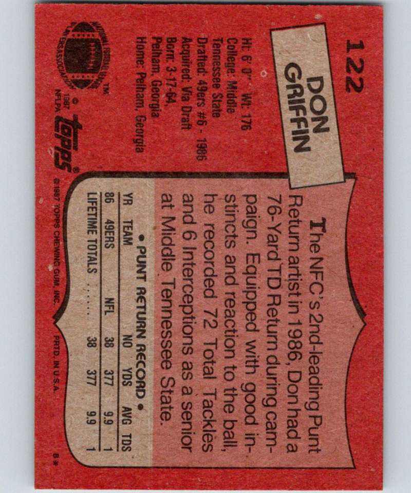 1987 Topps #122 Don Griffin RC Rookie 49ers NFL Football Image 2