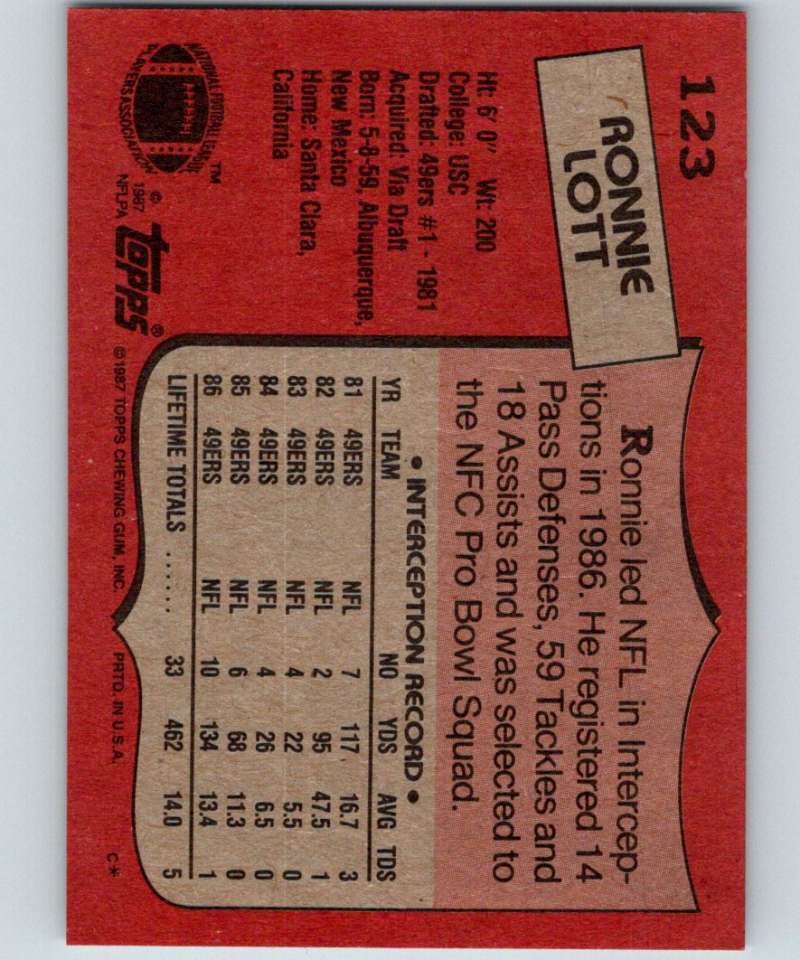 1987 Topps #123 Ronnie Lott 49ers NFL Football