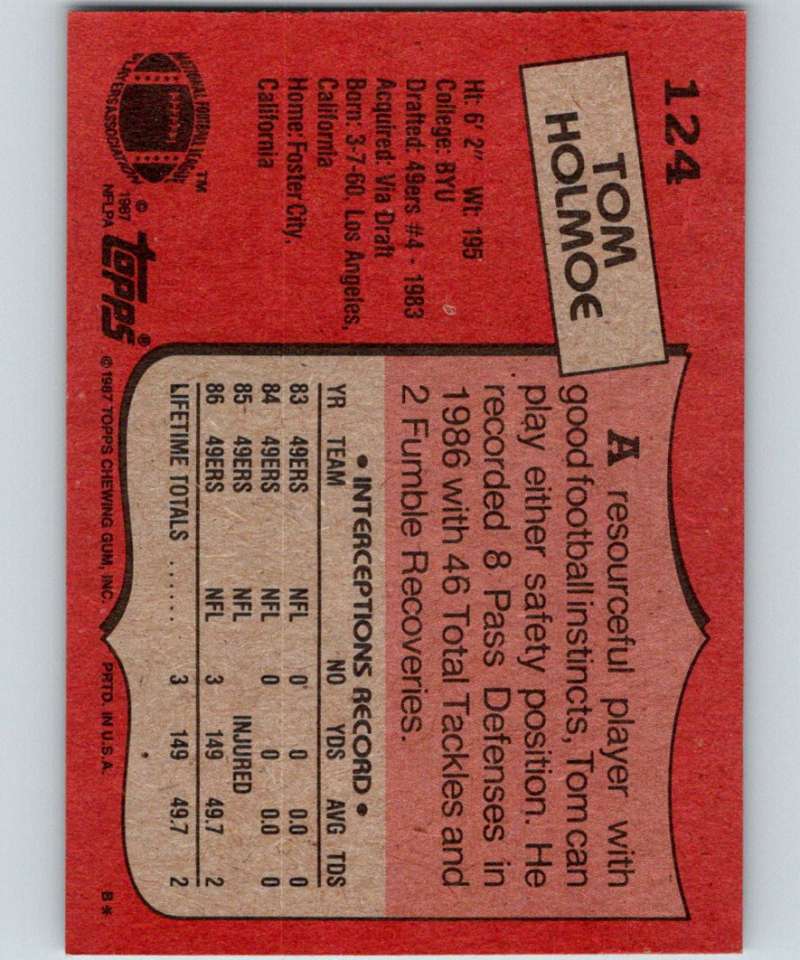 1987 Topps #124 Tom Holmoe 49ers NFL Football Image 2