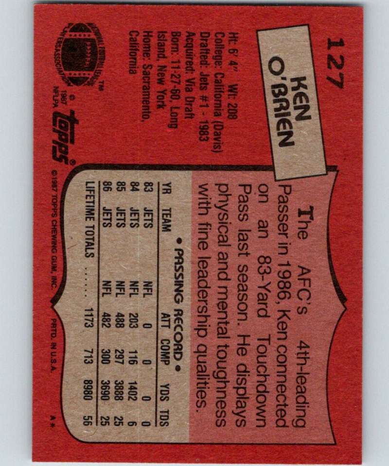 1987 Topps #127 Ken O'Brien NY Jets NFL Football