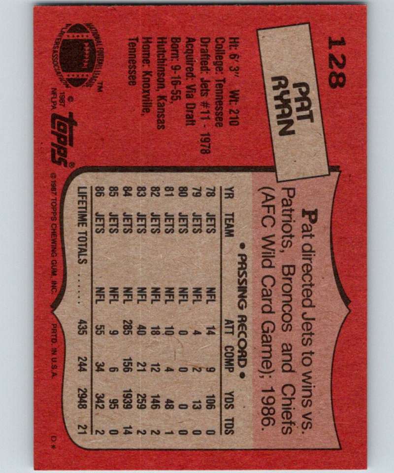1987 Topps #128 Pat Ryan NY Jets NFL Football Image 2