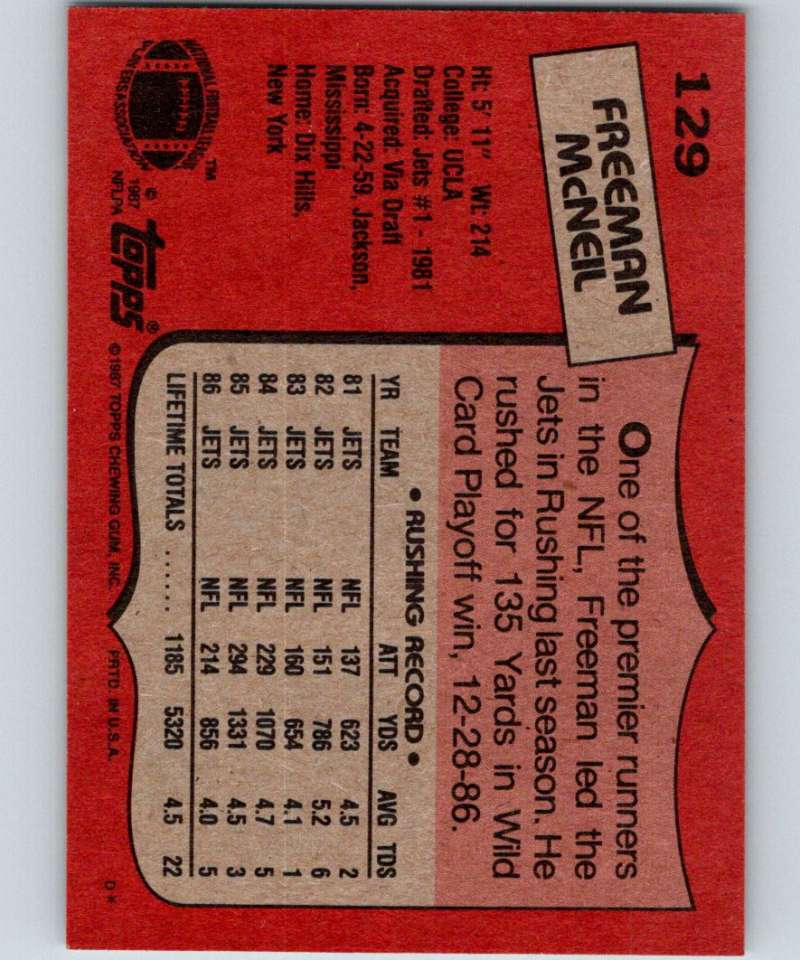 1987 Topps #129 Freeman McNeil NY Jets NFL Football Image 2