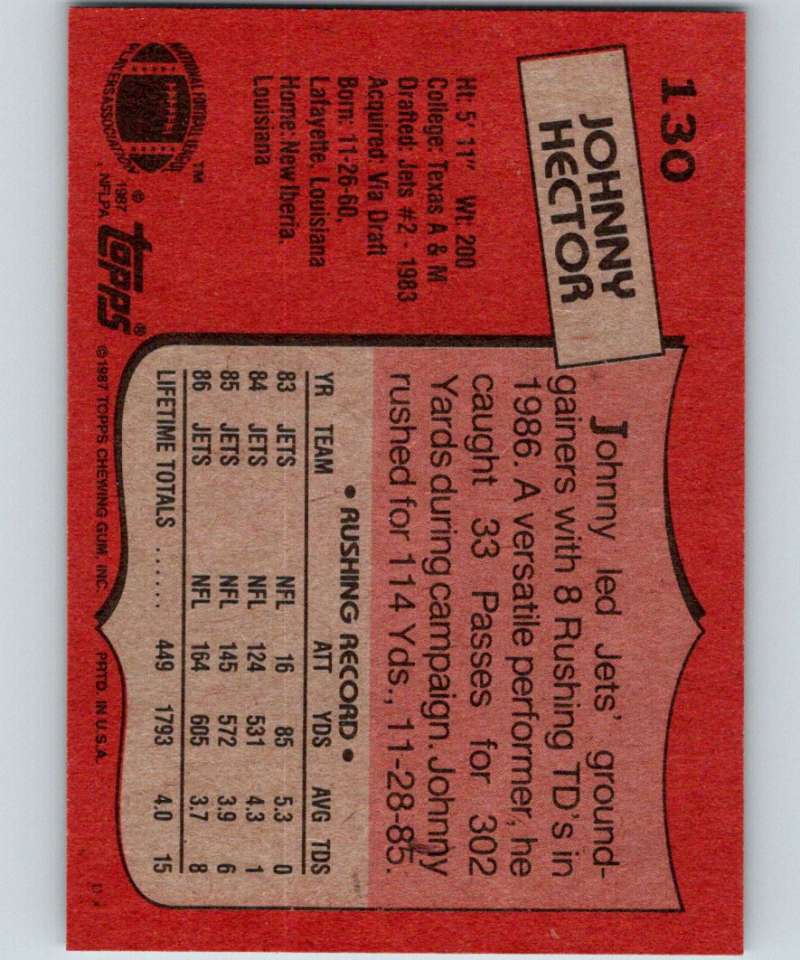 1987 Topps #130 Johnny Hector RC Rookie NY Jets NFL Football Image 2