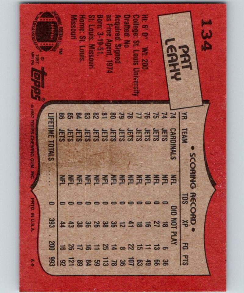 1987 Topps #134 Pat Leahy NY Jets NFL Football Image 2