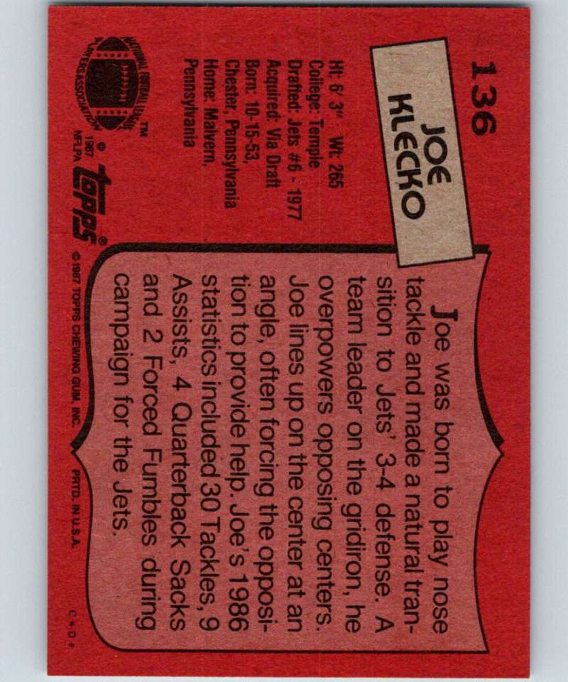 1987 Topps #136 Joe Klecko NY Jets NFL Football