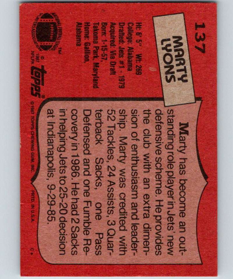 1987 Topps #137 Marty Lyons NY Jets NFL Football Image 2