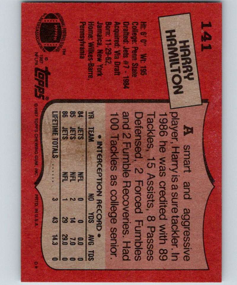 1987 Topps #141 Harry Hamilton RC Rookie NY Jets NFL Football Image 2