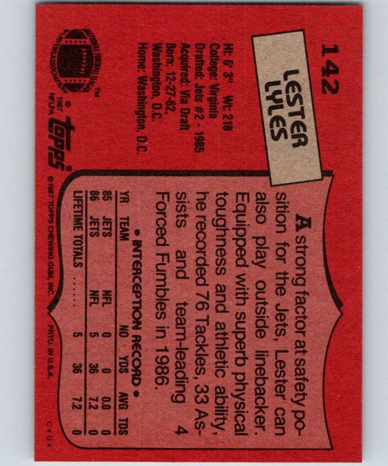 1987 Topps #142 Lester Lyles NY Jets NFL Football Image 2